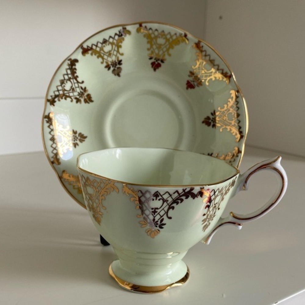 Royal Albert Fine Bone China Teacup and Saucer in Mint Green with Gold Filigree